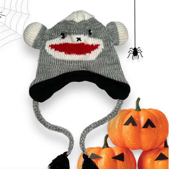 D&Y Other - 100% Wool Knitted Sock Monkey Fleece Lined Winter Hat With Ties Gray White Red